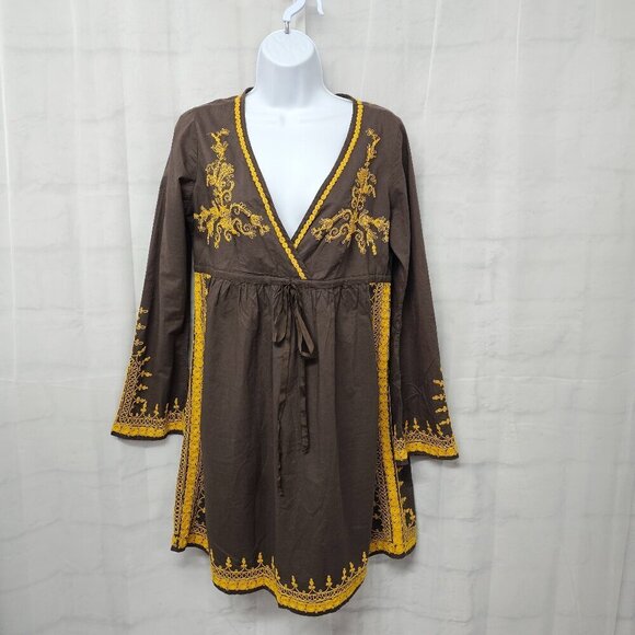 Lucky Brand Brown Mustard Embroidered Boho Dress Peasant Hippie Festival S - Picture 12 of 12